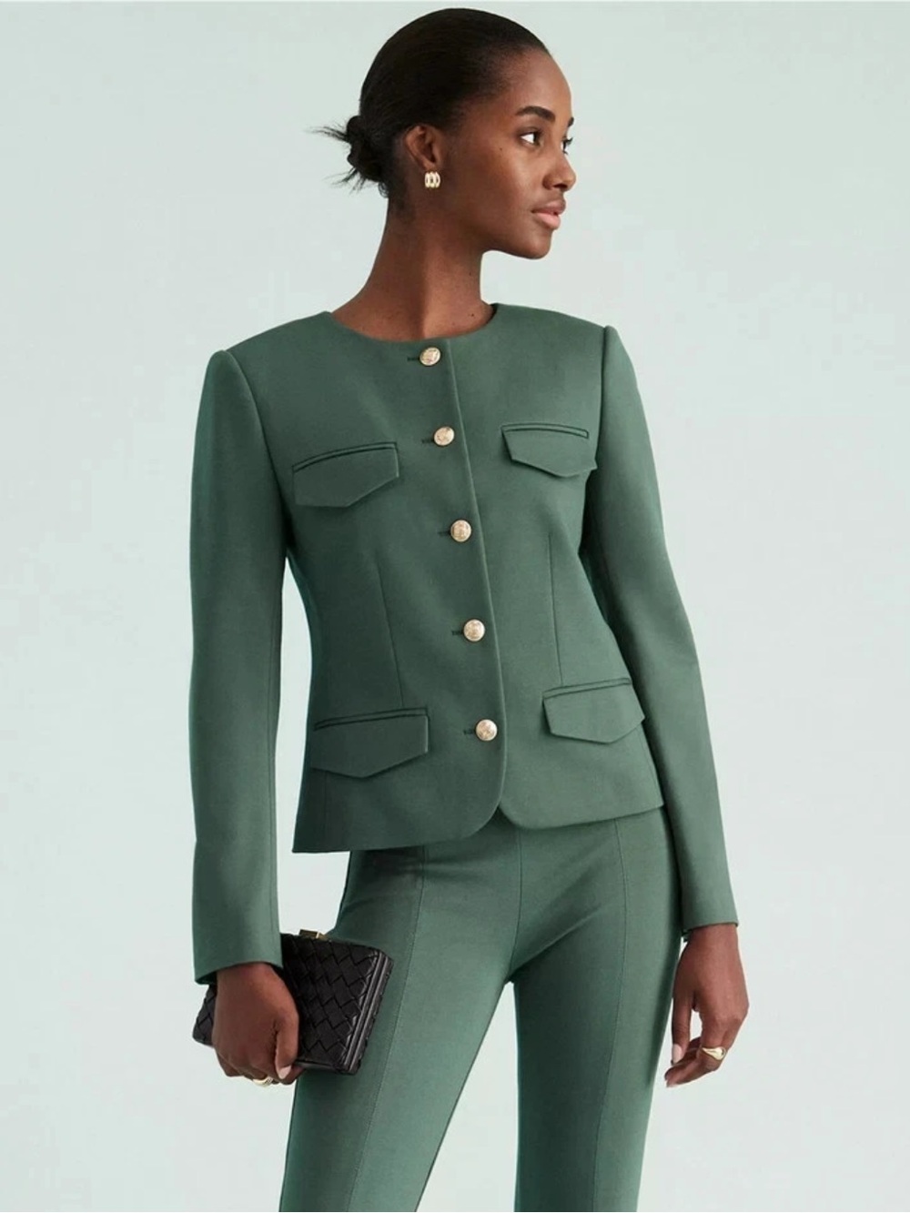 $179 Ann Taylor Blazer Jacket Size 10 Ponte Crew Neck Green Gold Button Up Coat